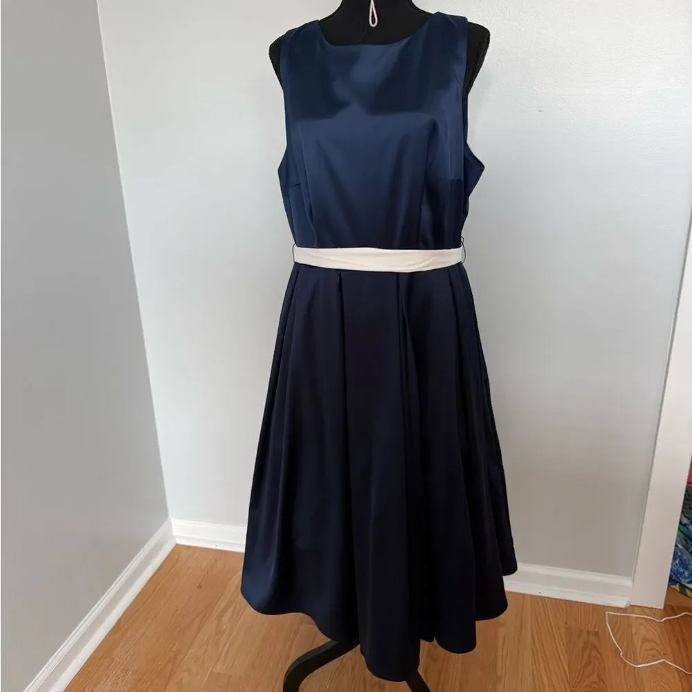 Collectif Navy Satin Formal Dress with White Belt - Picture 4 of 12